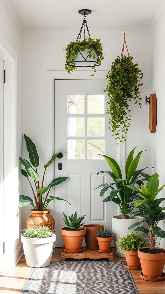 A modern farmhouse entryway with various potted plants and a hanging plant.