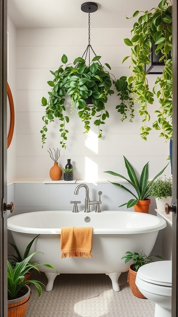 A modern farmhouse bathroom featuring a freestanding tub surrounded by various plants and greenery.
