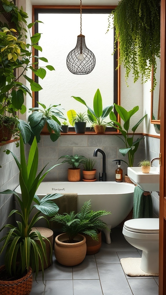 A modern rustic bathroom filled with various plants and greenery.