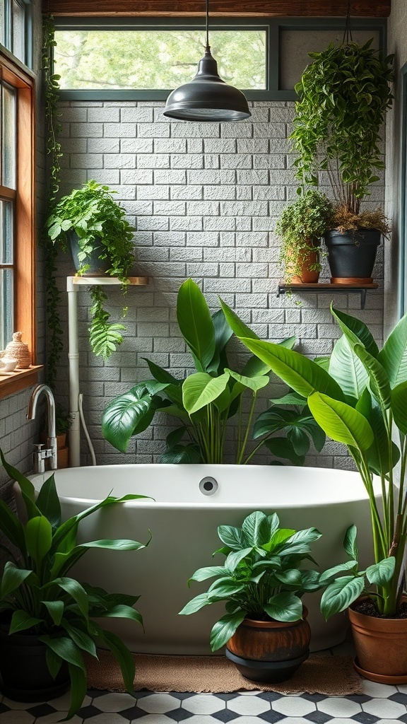 A rustic modern bathroom featuring various plants and greenery around a bathtub.