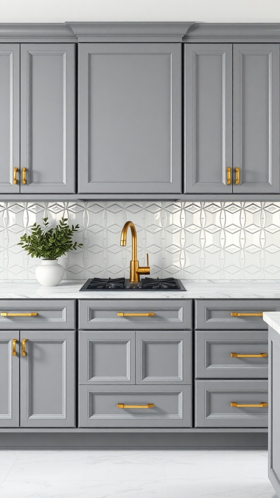A modern grey kitchen featuring gold accents on cabinets and faucet.