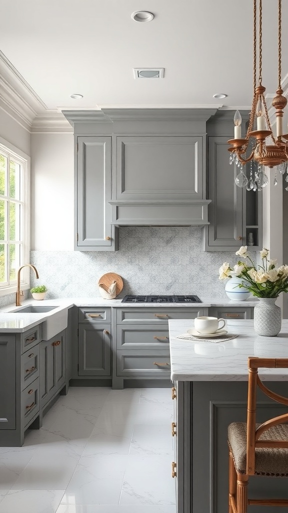 A stylish grey kitchen with white marble countertops and elegant light fixtures.