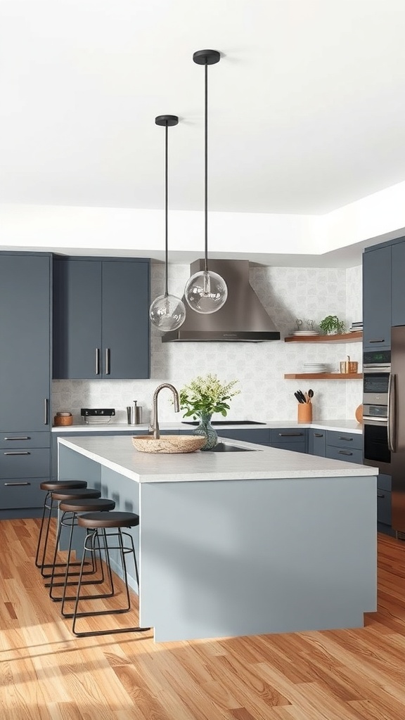 A modern grey kitchen island with bar stools, pendant lights, and a stylish countertop.