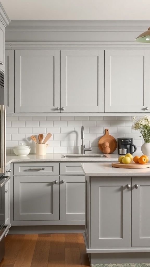 A modern kitchen featuring grey shaker style cabinets with a white backsplash and wooden flooring.