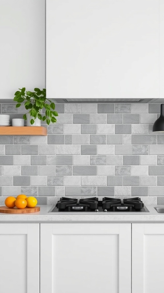 A modern kitchen featuring a grey tile backsplash, white cabinets, and a black stove.