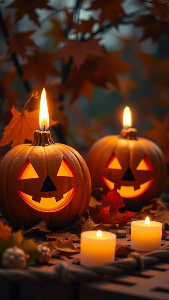 Two grinning jack-o'-lanterns with candles, surrounded by autumn leaves.