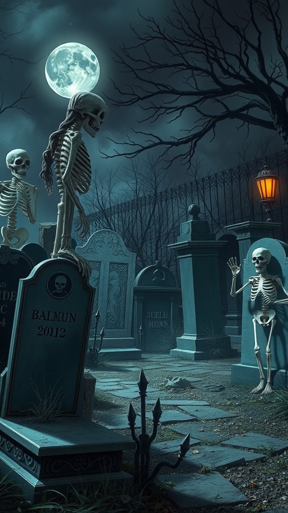 A spooky graveyard scene with skeletons and tombstones under a full moon.