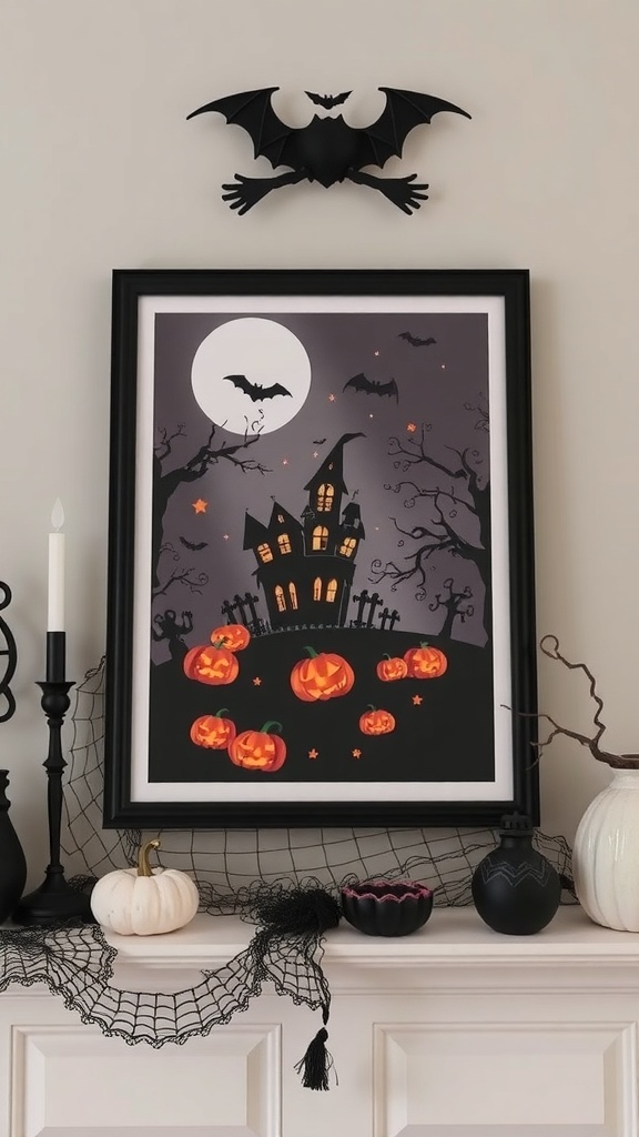 Halloween-themed artwork featuring a haunted house, pumpkins, and bats on a mantle