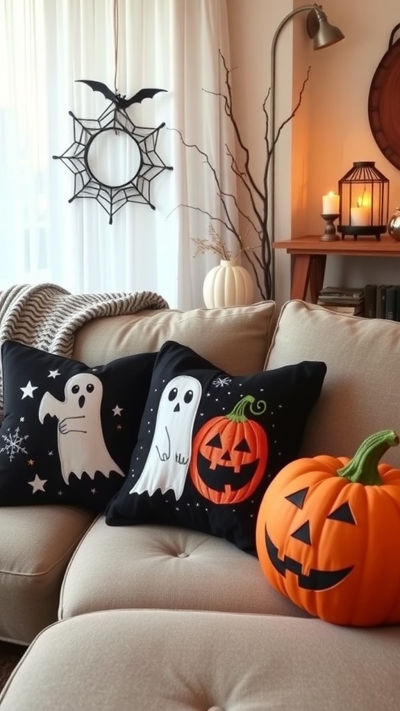 A cozy sofa with Halloween-themed pillow covers featuring ghosts and a jack-o'-lantern, alongside a decorative pumpkin and spider web.