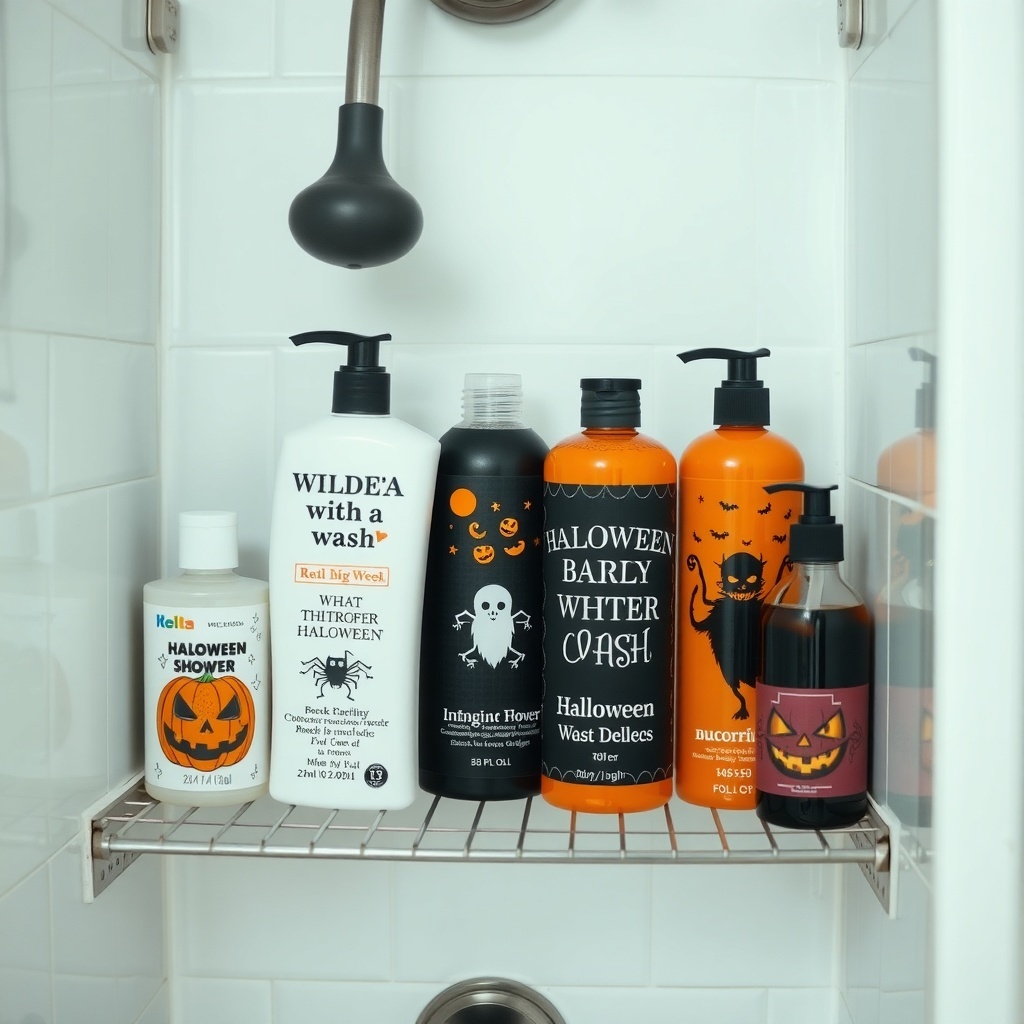 A variety of Halloween-themed shower products displayed on a shelf in a bathroom.
