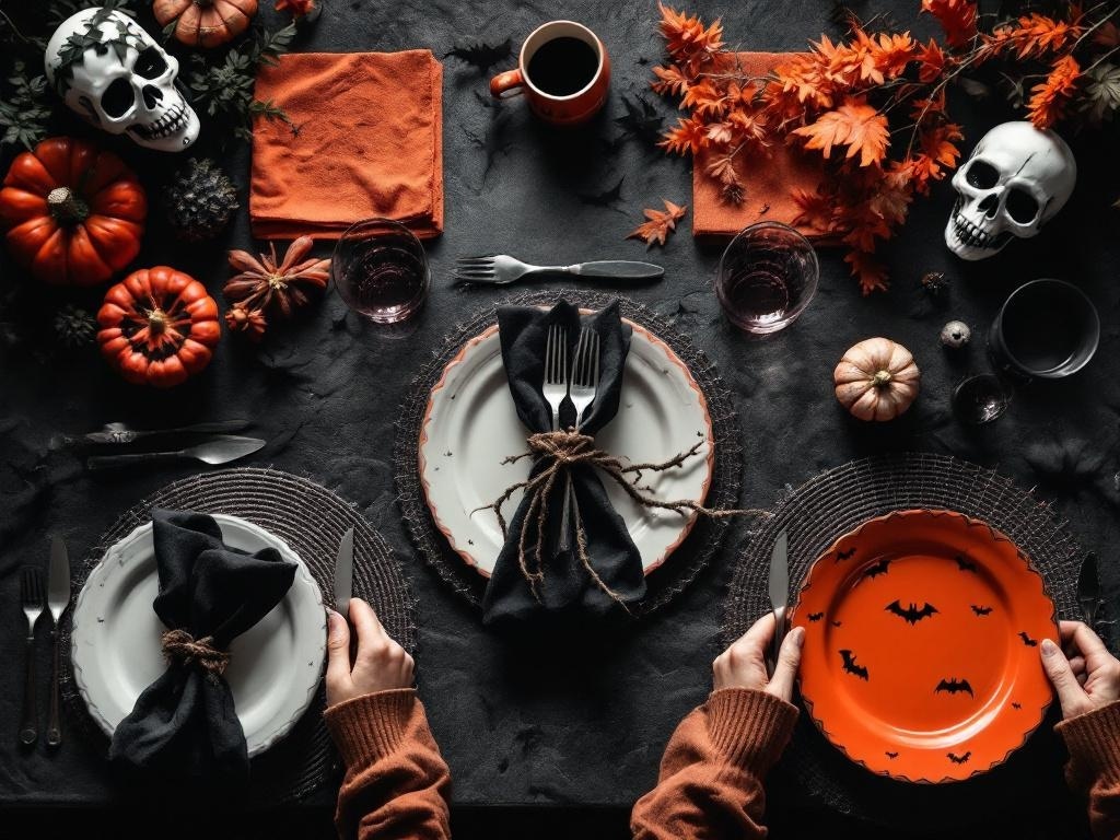 A Halloween-themed table setting with pumpkins, skulls, and orange and black plates.