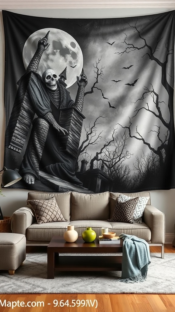 A Halloween-themed tapestry featuring a skeleton figure and a full moon