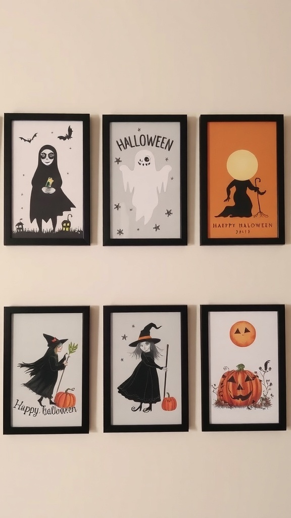 A wall displaying Halloween-themed artwork including ghosts, pumpkins, and a witch, with the word 'HALLoween' in bold letters.