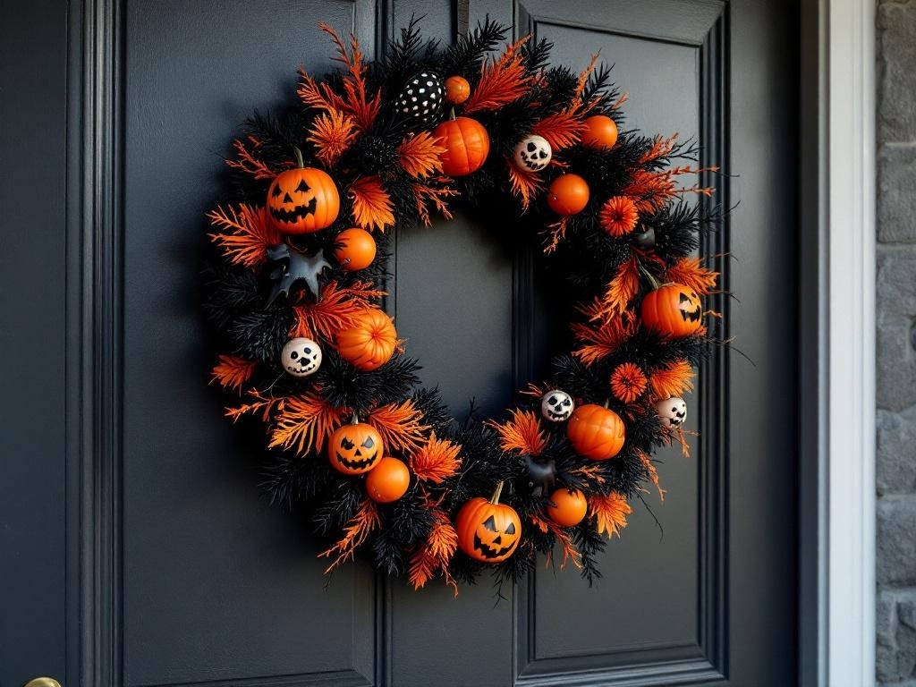 A Halloween-themed wreath featuring orange pumpkins, black bats, and spooky decorations on a dark door.
