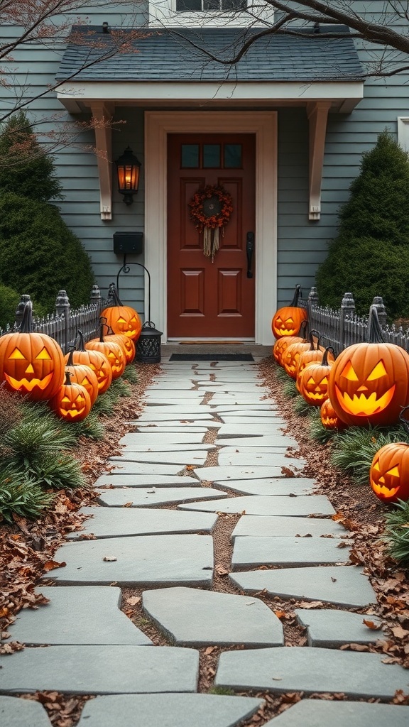 A stone pathway lined with glowing jack-o'-lanterns leading to a front door.