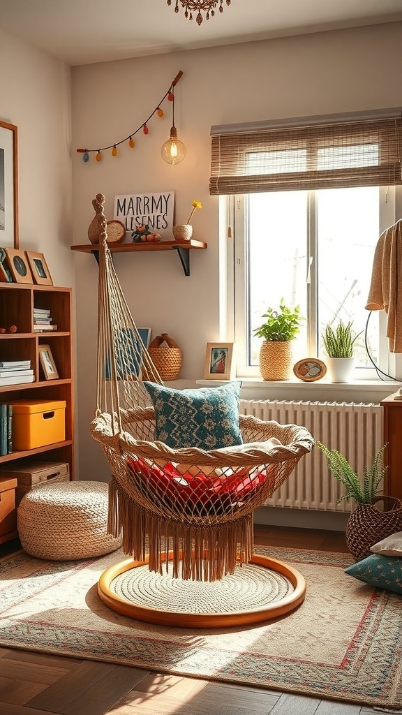 A cozy hammock chair with cushions in a boho dorm room, surrounded by plants and warm lighting.