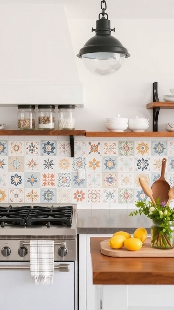 Rustic farmhouse kitchen with hand-painted ceramic tile backsplash