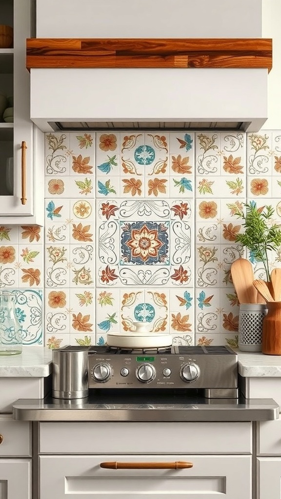 A farmhouse kitchen backsplash featuring hand-painted ceramic tiles with floral and geometric designs.