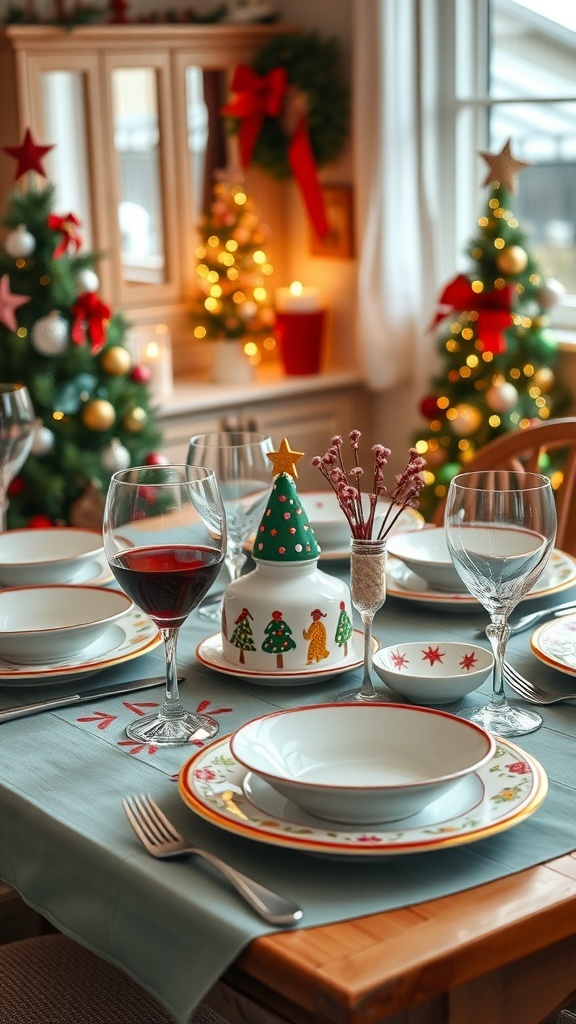 A beautifully set Christmas table with hand-painted tableware, featuring festive decorations and a cozy atmosphere.
