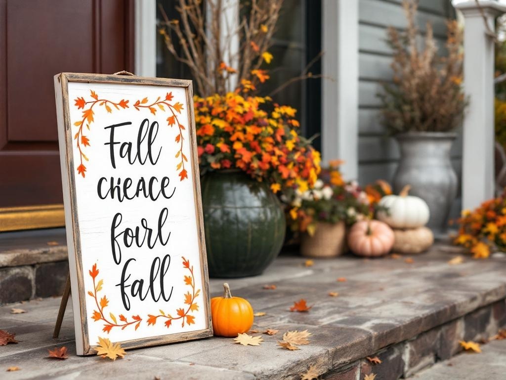 A hand-painted wooden sign that says 'Fall cheace for fall' surrounded by autumn decorations.