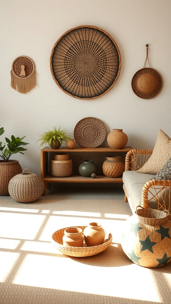 A cozy country cottage living room with handcrafted decor, including woven baskets and pottery.
