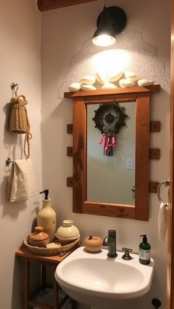 A rustic bathroom with a wooden mirror, ceramic jars, and handcrafted accessories.