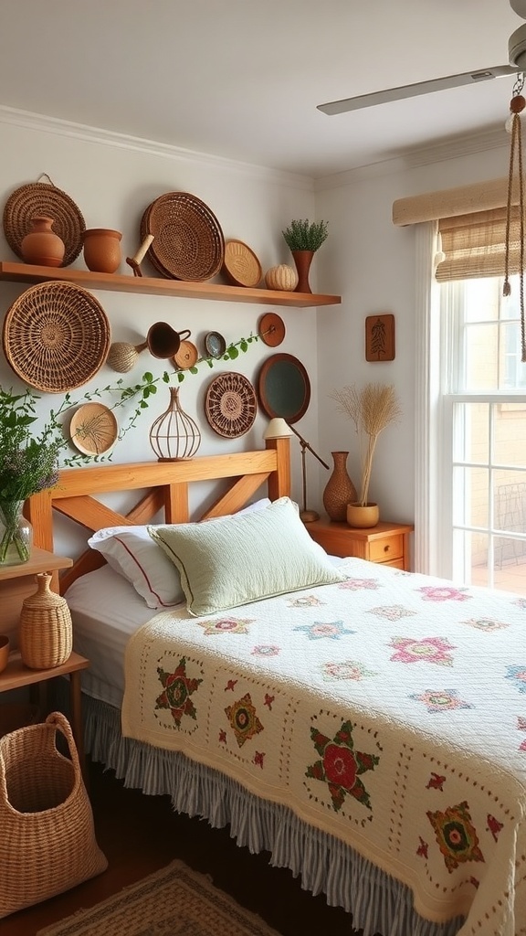 A cozy cottagecore bedroom featuring handcrafted accessories like woven baskets and pottery.