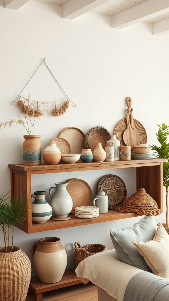 A cozy cottage living room with handcrafted pottery and woven baskets on display.