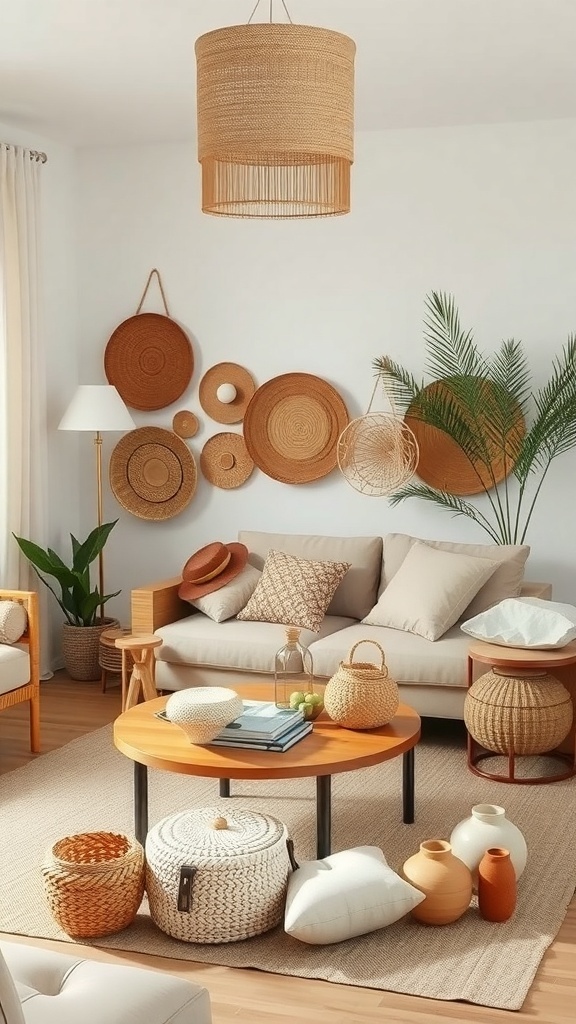 A cozy farmhouse living room featuring handcrafted accessories like woven baskets and pottery.