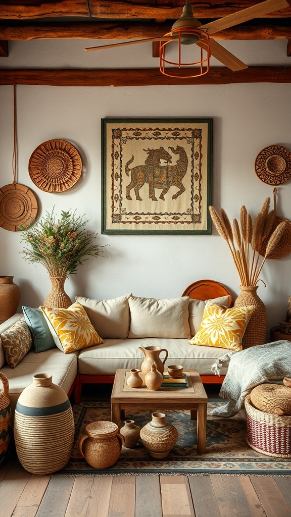 A cozy rustic living room with handcrafted accessories like woven baskets and clay pots.