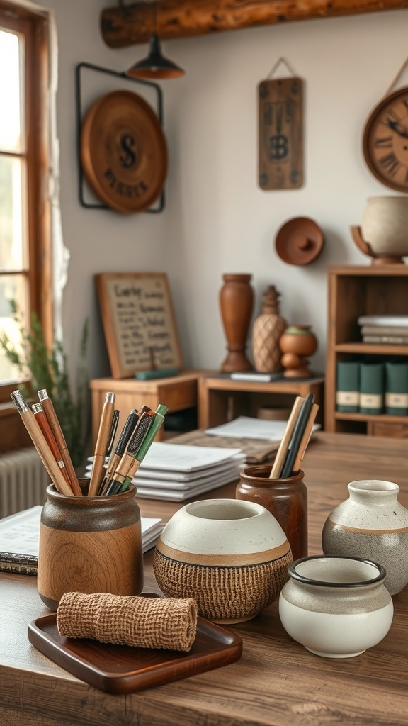 A rustic office desk with handcrafted accessories including wooden pen holders and clay pots.