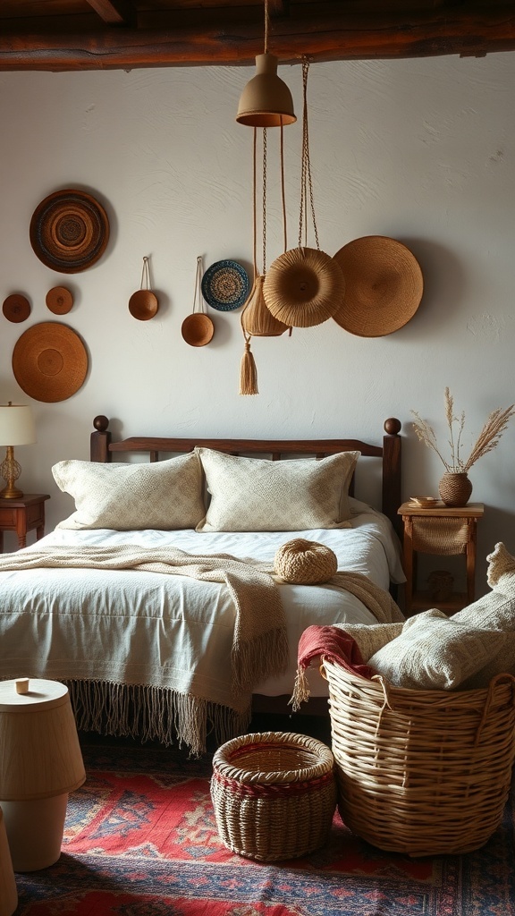 A rustic bedroom featuring handcrafted accessories like woven baskets and wall art.