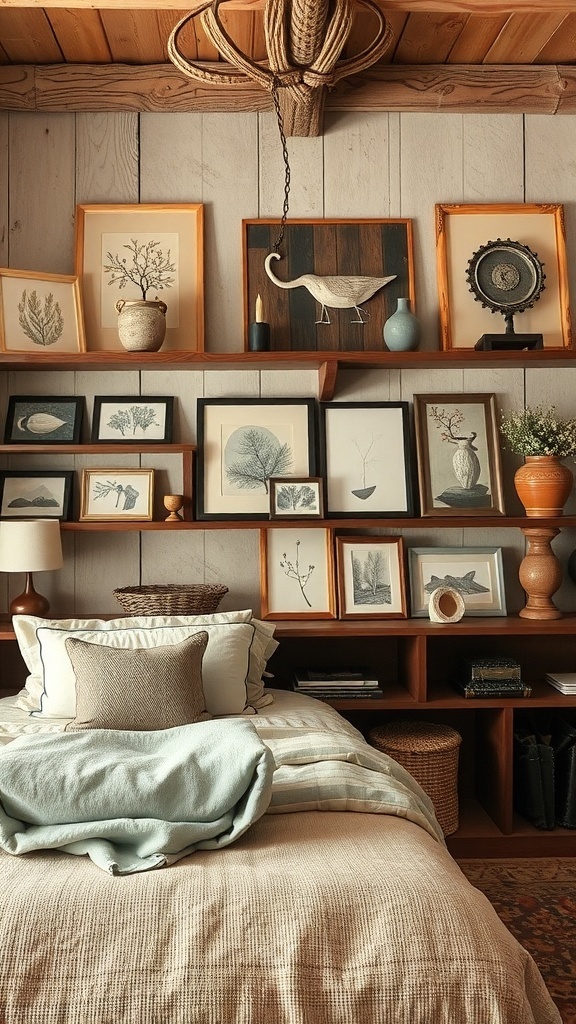 A rustic bedroom featuring handcrafted art and accessories on the wall, with a cozy bed and warm colors.