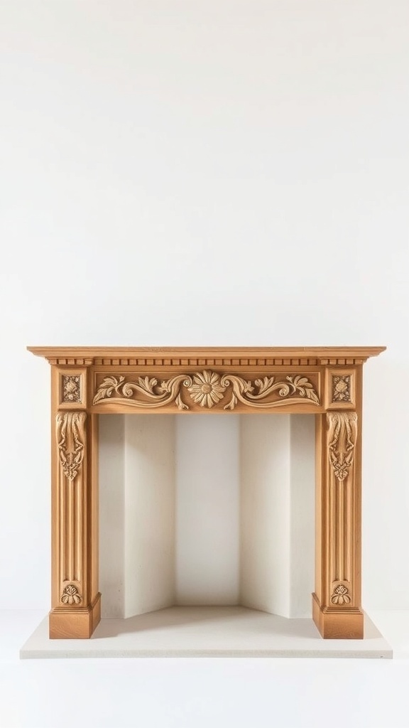 A beautifully crafted rustic fireplace mantel with intricate designs.