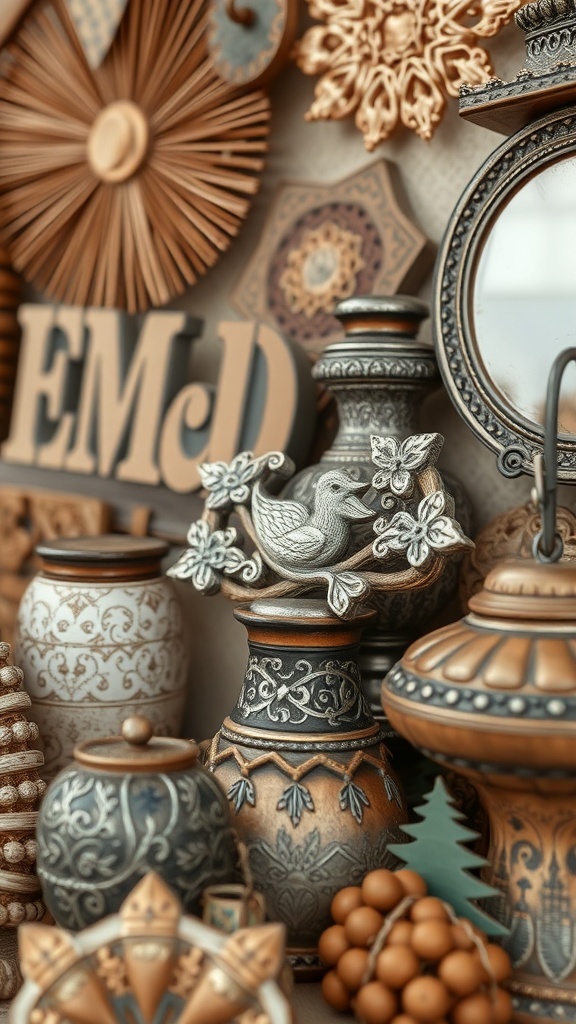 A collection of handcrafted artisan pieces including vases, decorative items, and intricate designs.