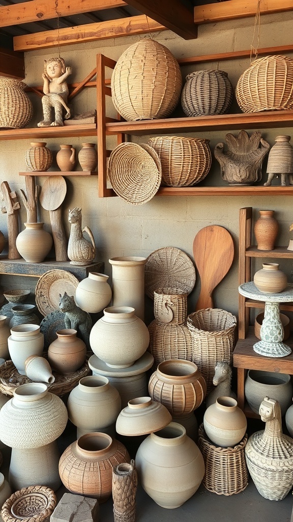 A collection of handcrafted pottery and woven baskets showcasing rustic aesthetic.