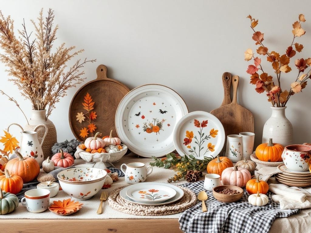 A beautifully arranged Thanksgiving table featuring handcrafted Bobbie Goods, including floral plates, pumpkins, and autumn decor.