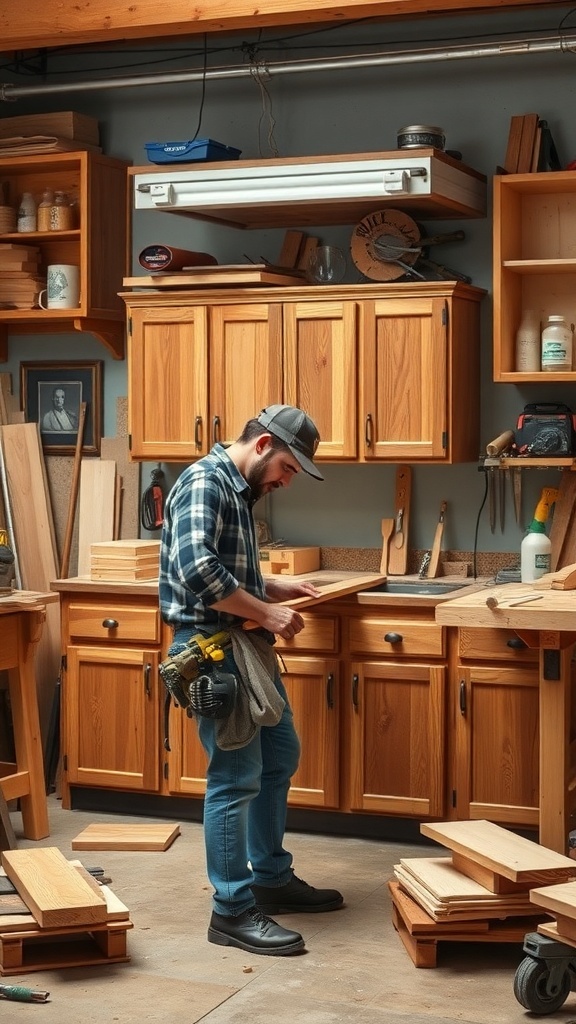 A craftsman working on handcrafted wooden kitchen cabinets in a workshop.