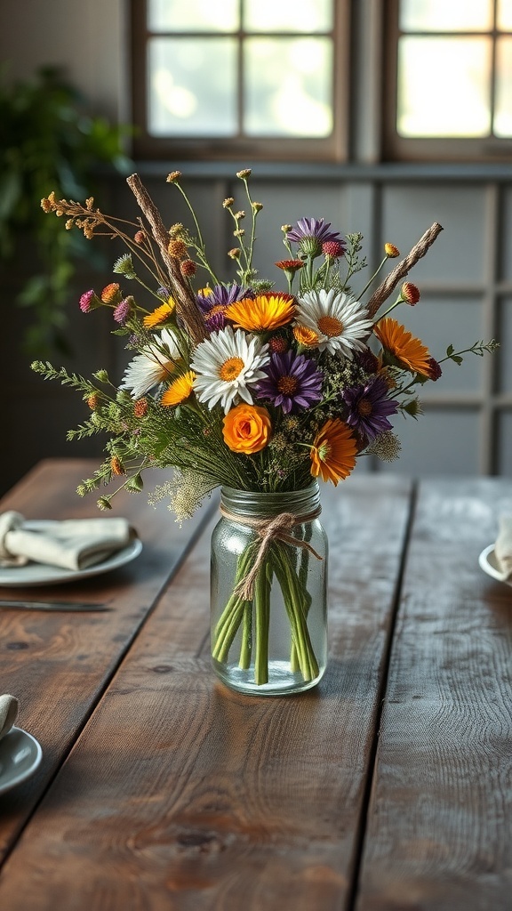 A rustic table with a glass jar filled with colorful flowers as a centerpiece.