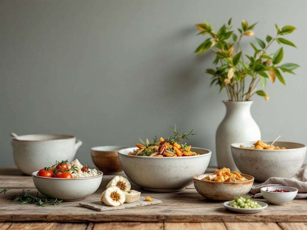 A neutral Thanksgiving table setting featuring handcrafted ceramic bowls filled with various dishes and fresh ingredients.