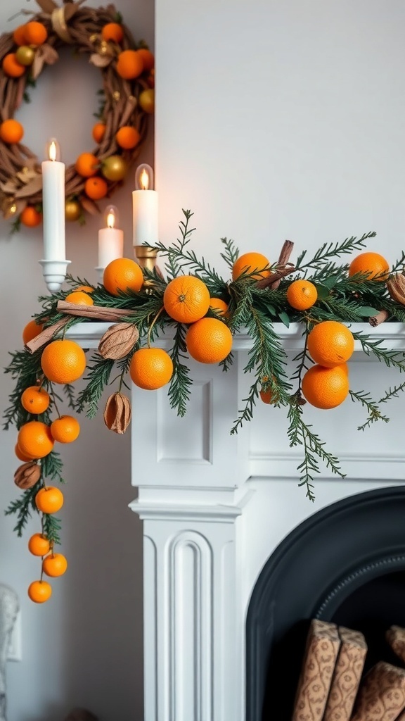 Handcrafted Christmas garland with oranges and greenery on a mantel