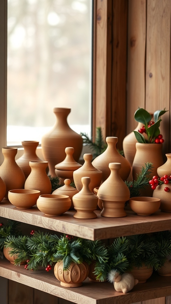 A collection of handcrafted clay pottery displayed on a wooden shelf, adorned with greenery and festive accents.