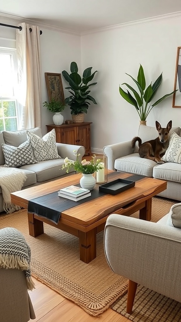 A cozy farmhouse boho living room featuring a handcrafted coffee table surrounded by comfortable seating and plants.