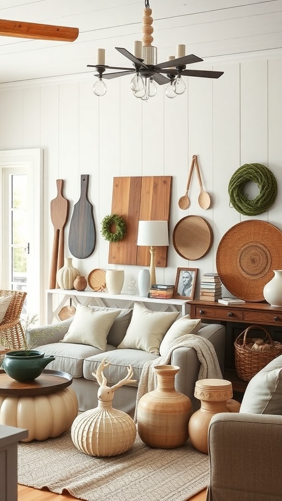 A cozy living room with handcrafted decor accents including wooden bowls, woven baskets, and a comfortable sofa.