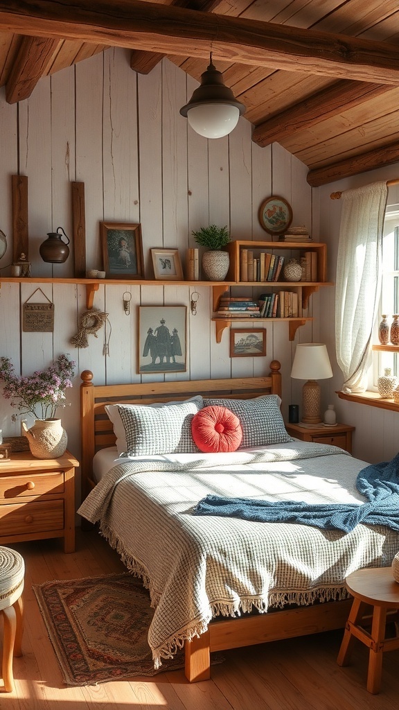 A rustic farmhouse bedroom featuring wooden decor, cozy textiles, and personal touches.