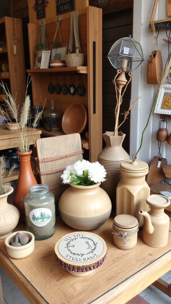 A collection of rustic handcrafted decor elements including jars, wooden items, and a bird figurine.