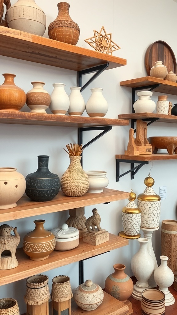 A display of handcrafted pottery and wooden decor items on shelves.