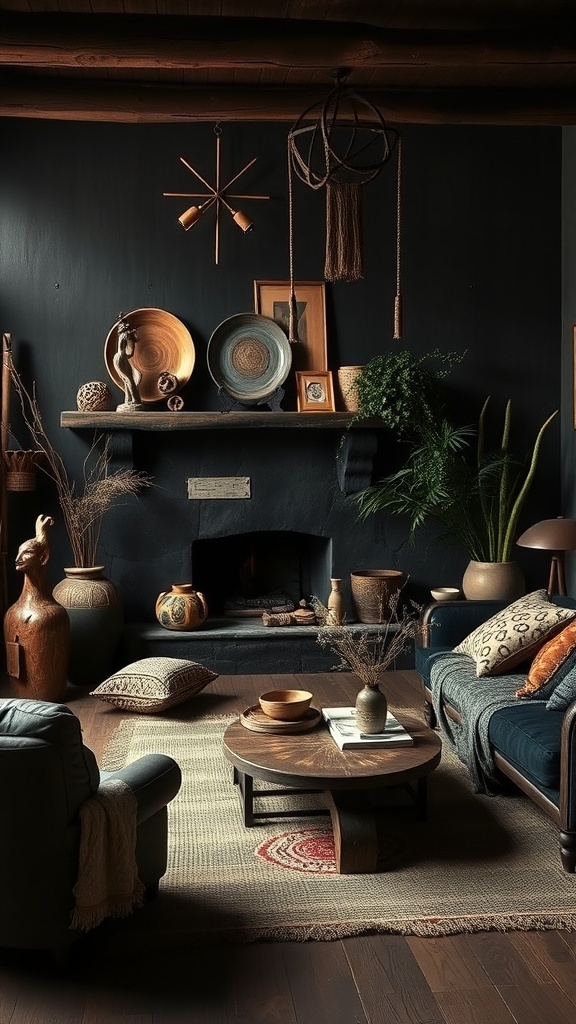 A dark rustic living room featuring handcrafted decor elements like pottery, woven textiles, and unique wall art.