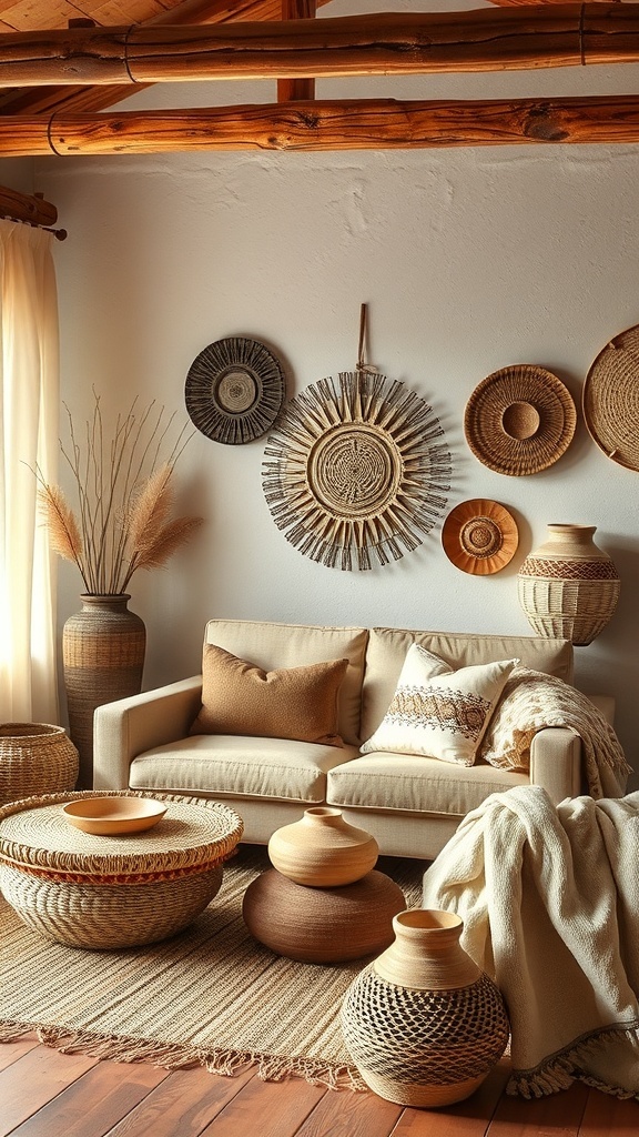 A rustic living room featuring handcrafted decor elements like woven baskets and pottery.
