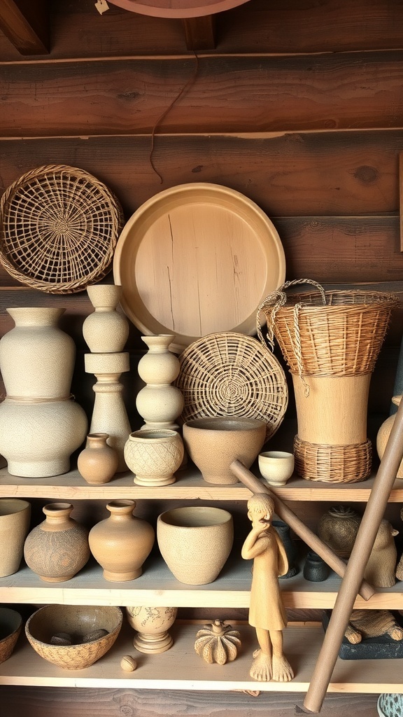 A collection of handcrafted decor items including vases, baskets, and a figurine, displayed on wooden shelves.